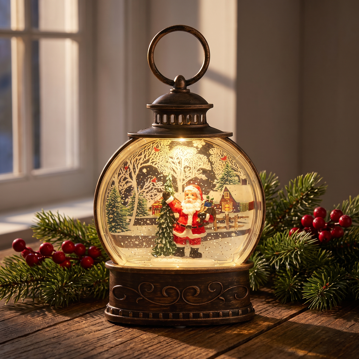 Schneekugel Laterne mit LED Licht, nostalgische Weihnachtslaterne mit Schneetreiben