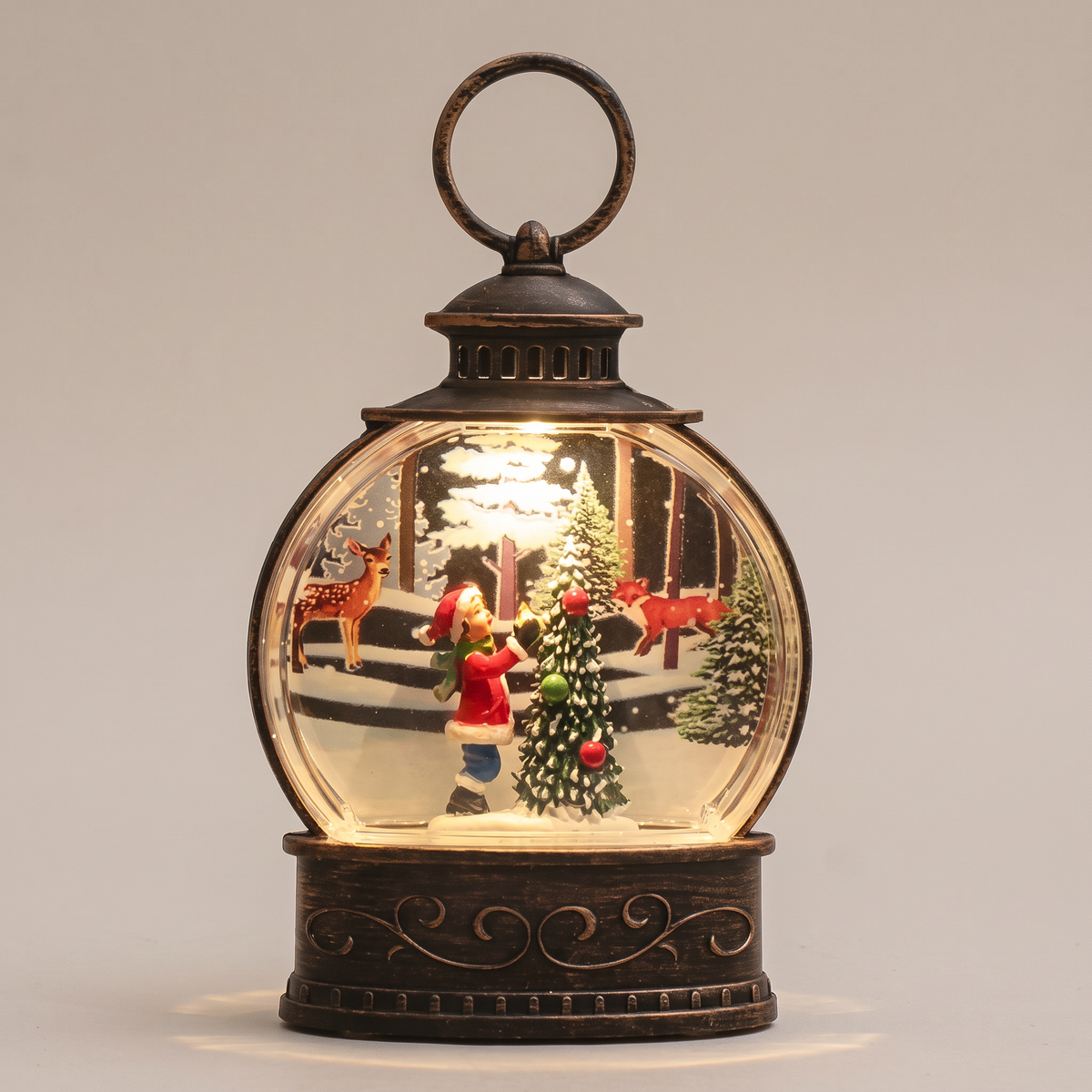Schneekugel Laterne mit LED Licht, nostalgische Weihnachtslaterne mit Schneetreiben