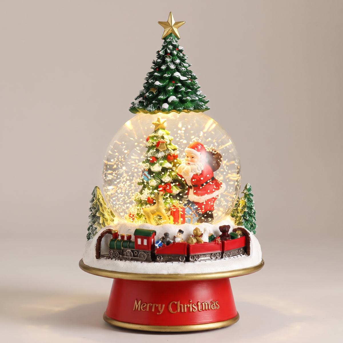 Schneekugel mit Zug und Weihnachtsmann, elektrische Spieluhr mit Musik und Schneegestöber