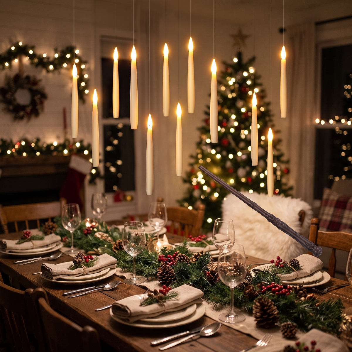 Schwebende LED Kerzen 10er Set mit Zauberstab Fernbedienung, flammenlos mit Flackerlicht