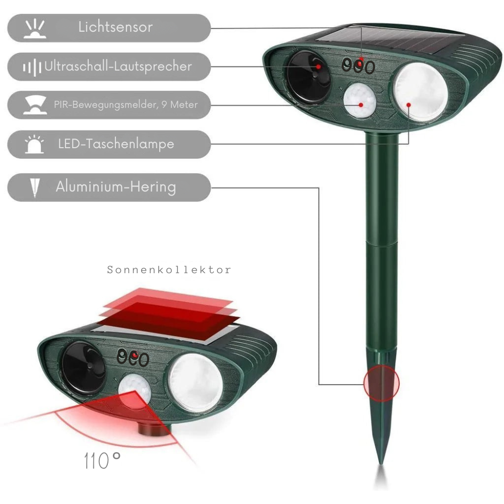 Solar Tiervertreiber Ultraschall 4er Set – PIR 9,14m – 18–40 kHz – 110° – für Garten Wildabwehr