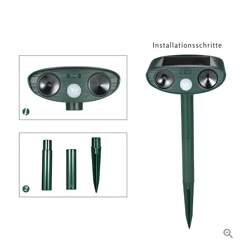 Solar Tiervertreiber Ultraschall 4er Set – PIR 9,14m – 18–40 kHz – 110° – für Garten Wildabwehr
