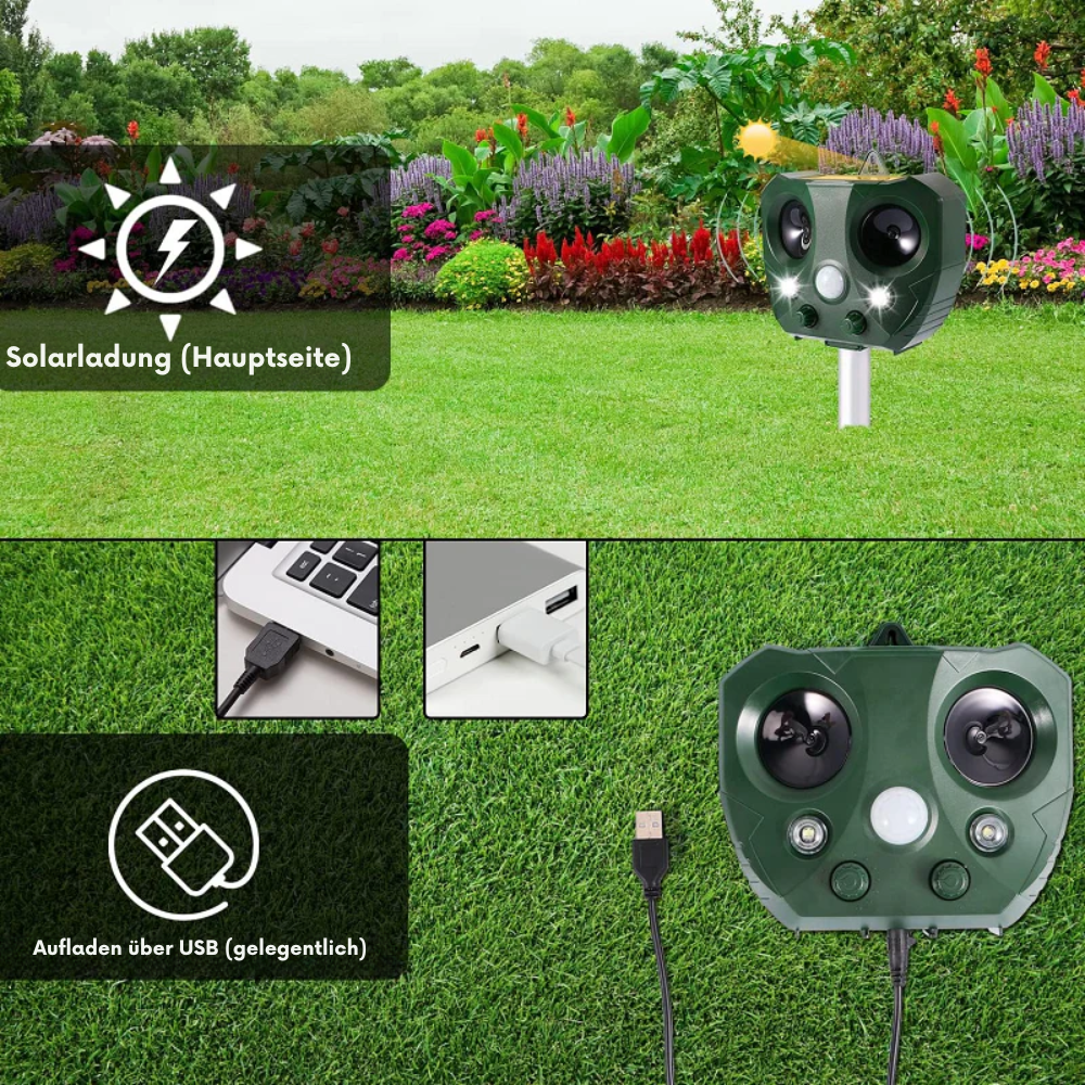 Ultraschall-Tiervertreiber Solar – 13,5–45,5 kHz – IP44 – Garten – 5 Modi – bis 9m