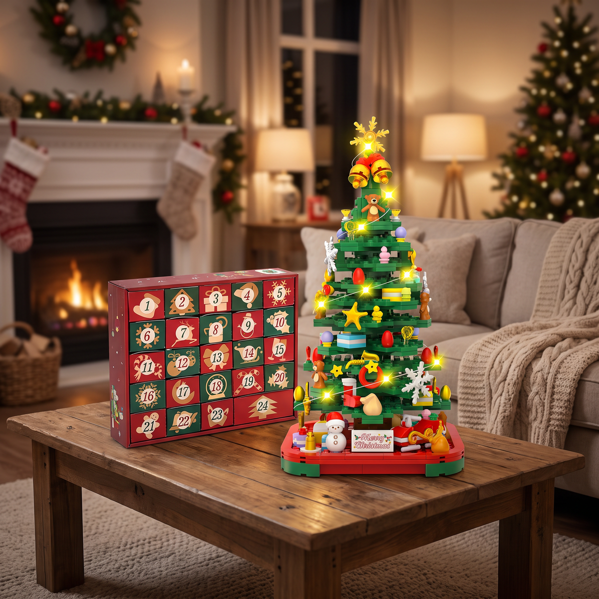 Weihnachtsbaum Adventskalender aus Bausteinen mit LED, 24 Türchen zum Bauen