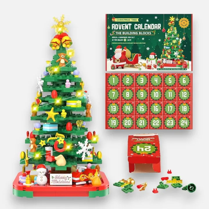 Weihnachtsbaum Adventskalender aus Bausteinen mit LED, 24 Türchen zum Bauen