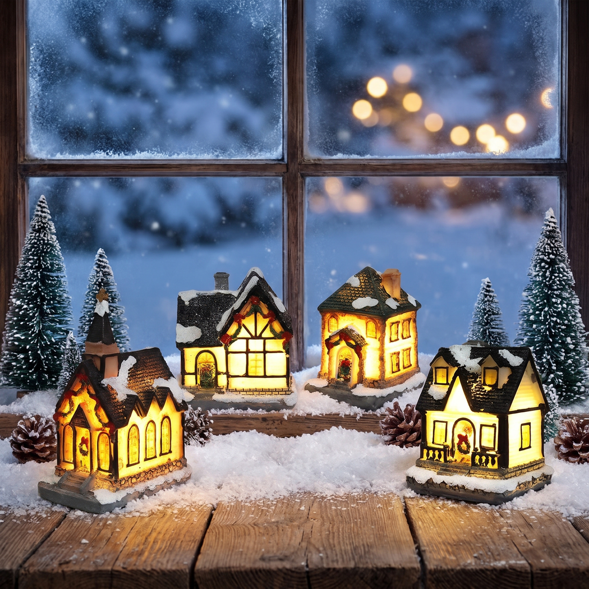 Weihnachtsdorf beleuchtet, 4 LED Häuser im Schnee als Weihnachtsdeko Set