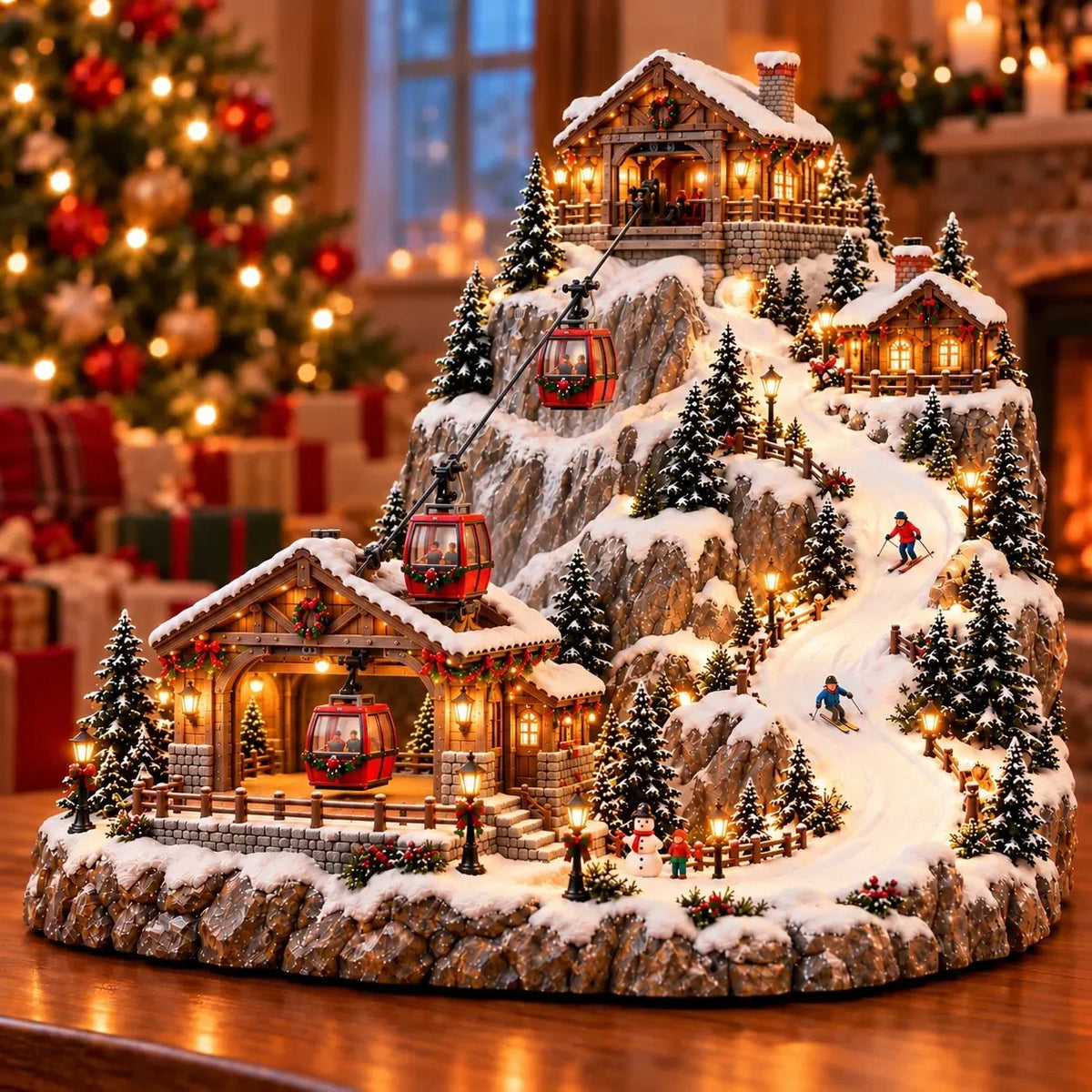 Weihnachtsdorf Berg mit fahrender Seilbahn und Skipiste, beleuchtete Winterszene