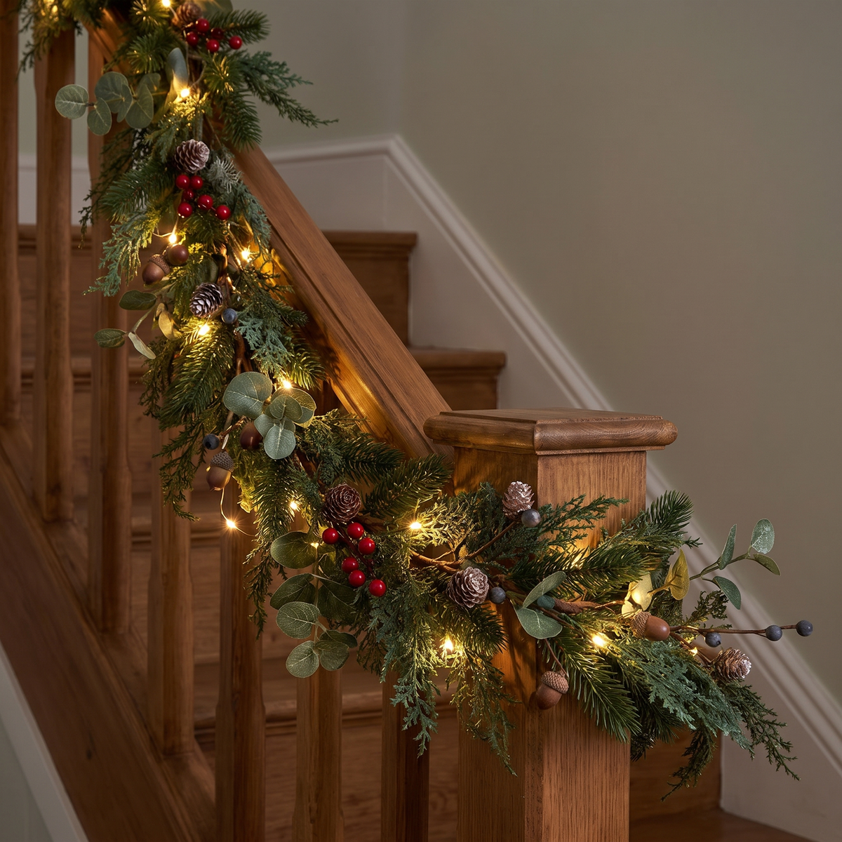 Weihnachtsgirlande 2 m mit Beleuchtung, Tannengirlande mit Beeren und Zapfen und Timer