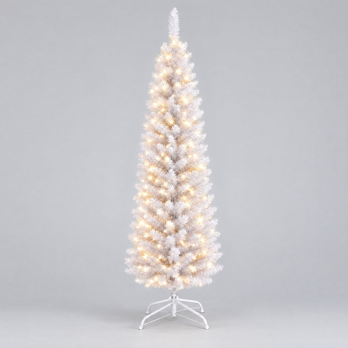 Weißer Weihnachtsbaum schmal 120 bis 180 cm, Pencil Tannenbaum mit optionaler Beleuchtung