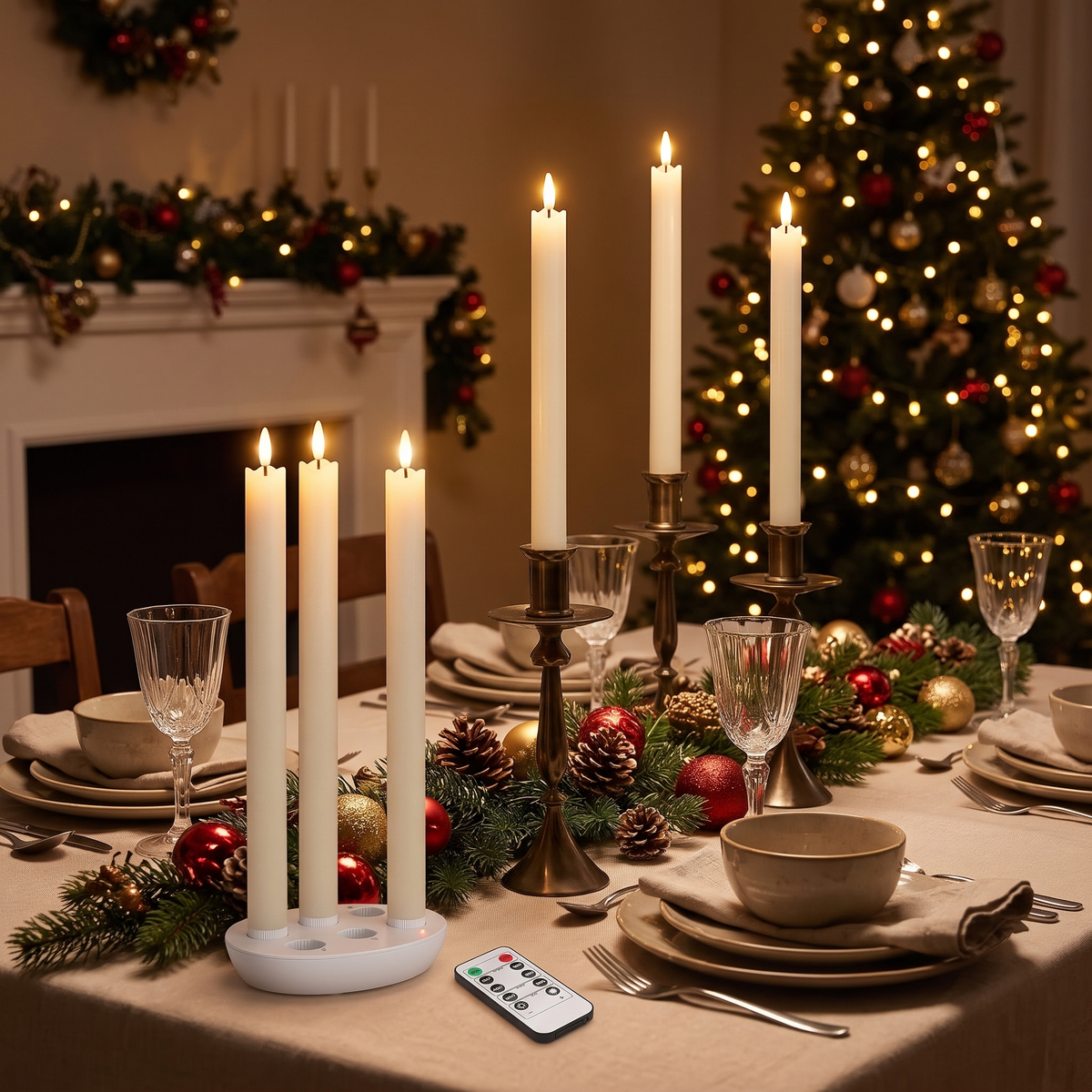 Wiederaufladbare LED Stabkerzen 6er Set aus Echtwachs mit Ladestation, Fernbedienung und Timer