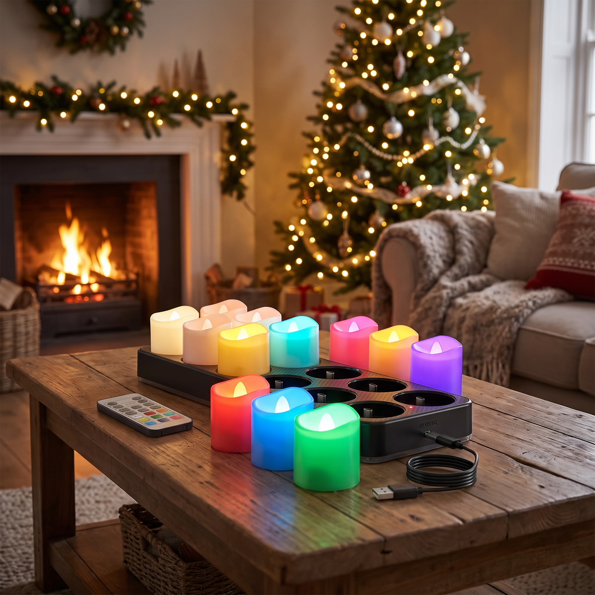 Wiederaufladbare LED Teelichter 12er Set mit Farbwechsel, Ladestation, Fernbedienung und Timer