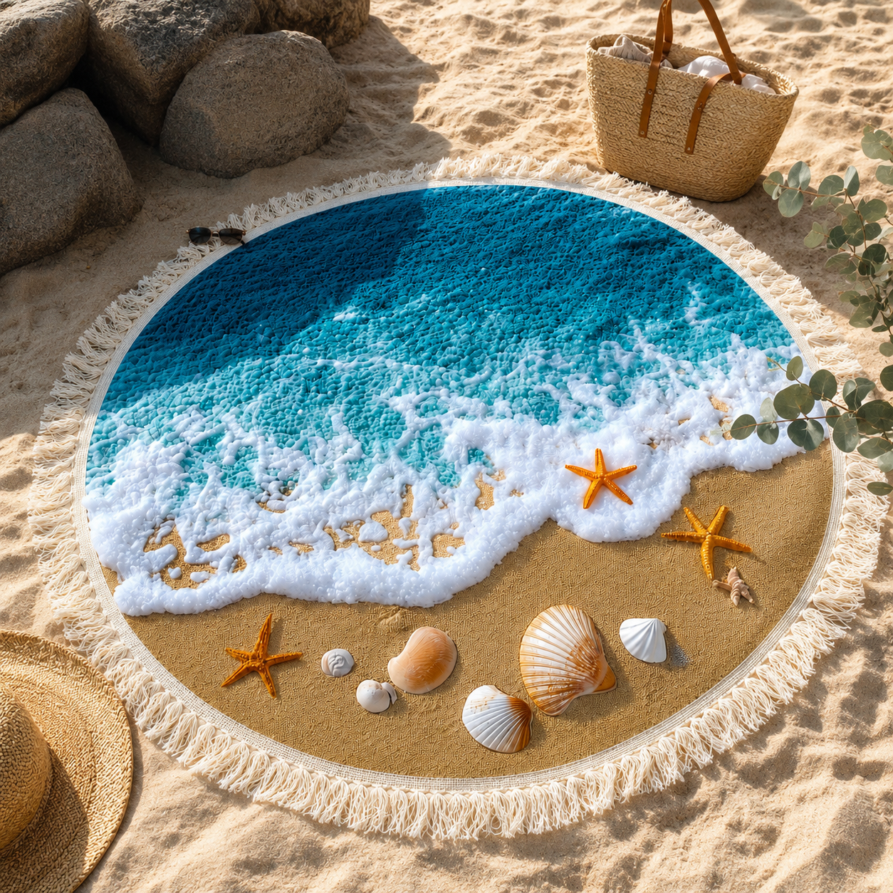 Strandtuch Rund Frottee Blau Ø150 cm – Schnelltrocknend, Sandfrei, Hohe Saugkraft