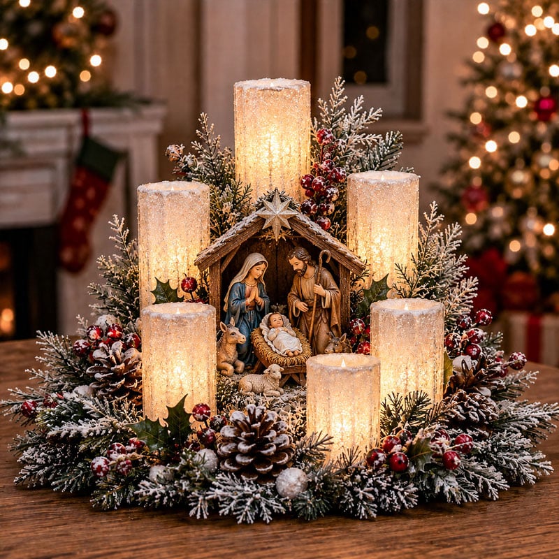 Lichtdeko für Weihnachten mit LED-Kerze und Grünzeug