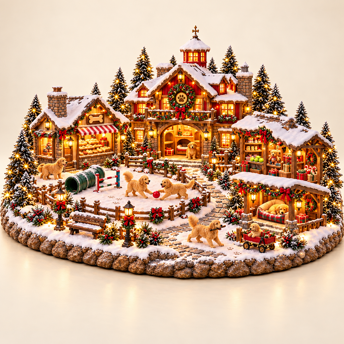 Golden Retriever Weihnachtsdorf – Beleuchtete Winterszene für Hundeliebhaber