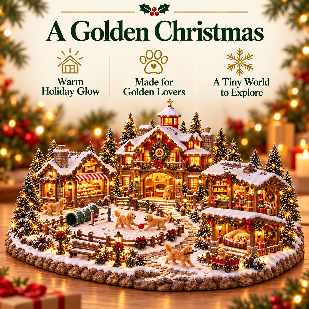Golden Retriever Weihnachtsdorf – Beleuchtete Winterszene für Hundeliebhaber