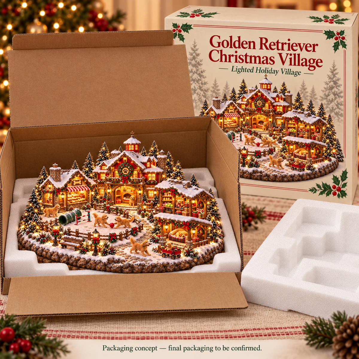 Golden Retriever Weihnachtsdorf – Beleuchtete Winterszene für Hundeliebhaber