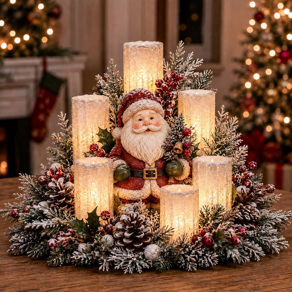 Lichtdeko für Weihnachten mit LED-Kerze und Grünzeug