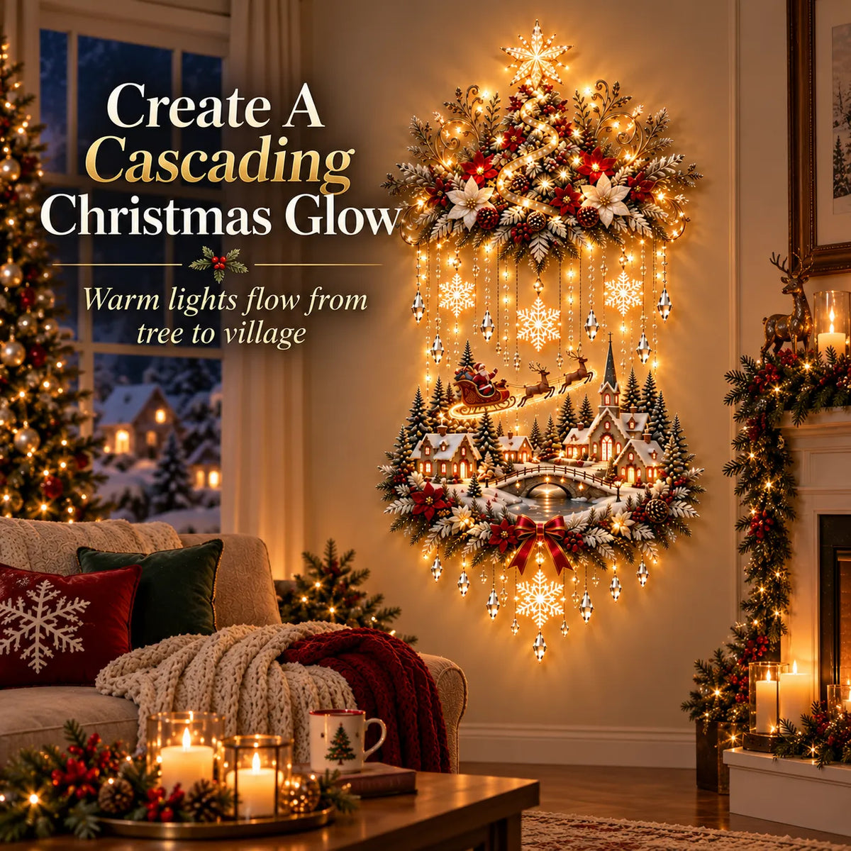 Beleuchteter Weihnachtsbaum mit Dorf – Wandbehang mit warmweißen Lichtkaskaden, 80 cm
