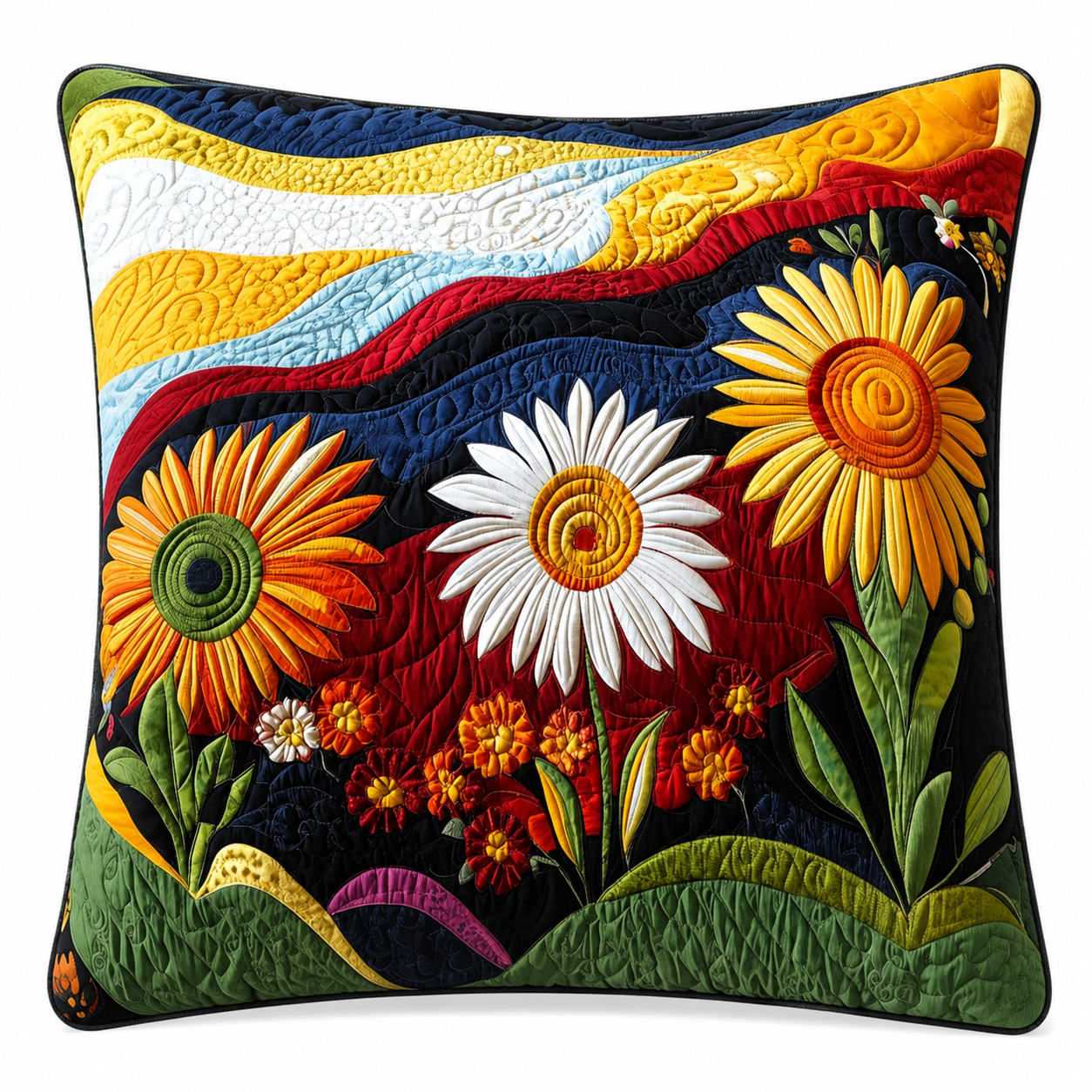 Kissenbezug Sonnenblumen Baumwoll-Polyester Weiß 40 × 40 cm – Gesteppte Optik, Hotelverschluss, Maschinenwaschbar