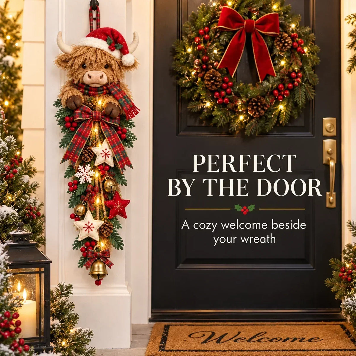Highland Cow Türdeko mit Beleuchtung – Weihnachtliche Türgirlande mit Karomuster