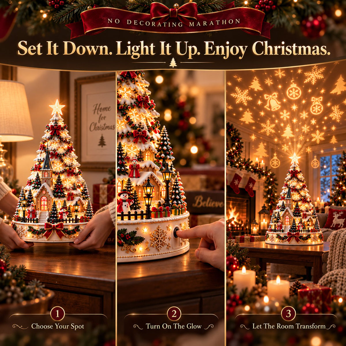 Leuchtender Weihnachtsdorf-Baum | 3D-Tischdeko mit Lichtprojektion