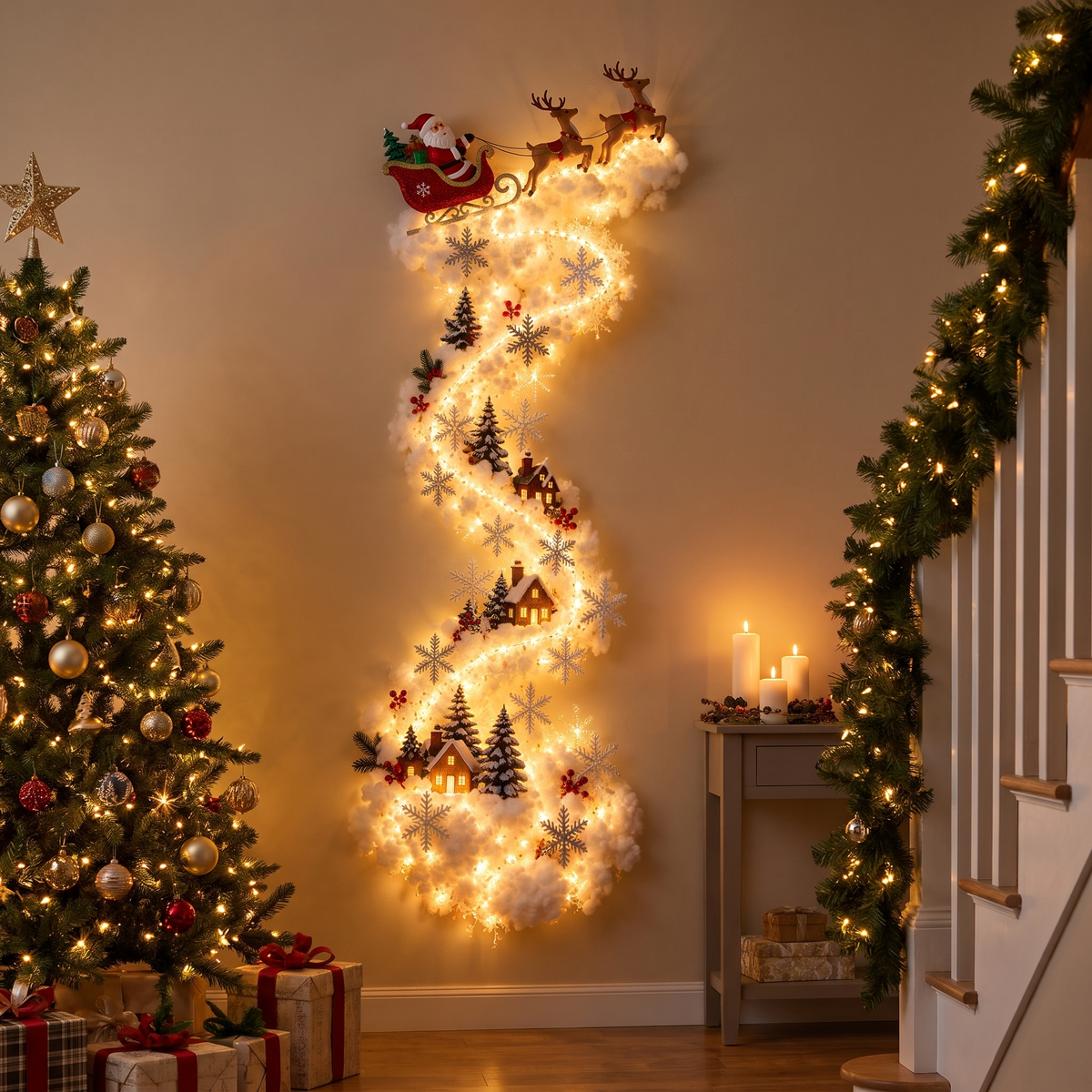 3D LED Wandleuchte Weihnachten mit Weihnachtsmann Schlitten und Lichterspur