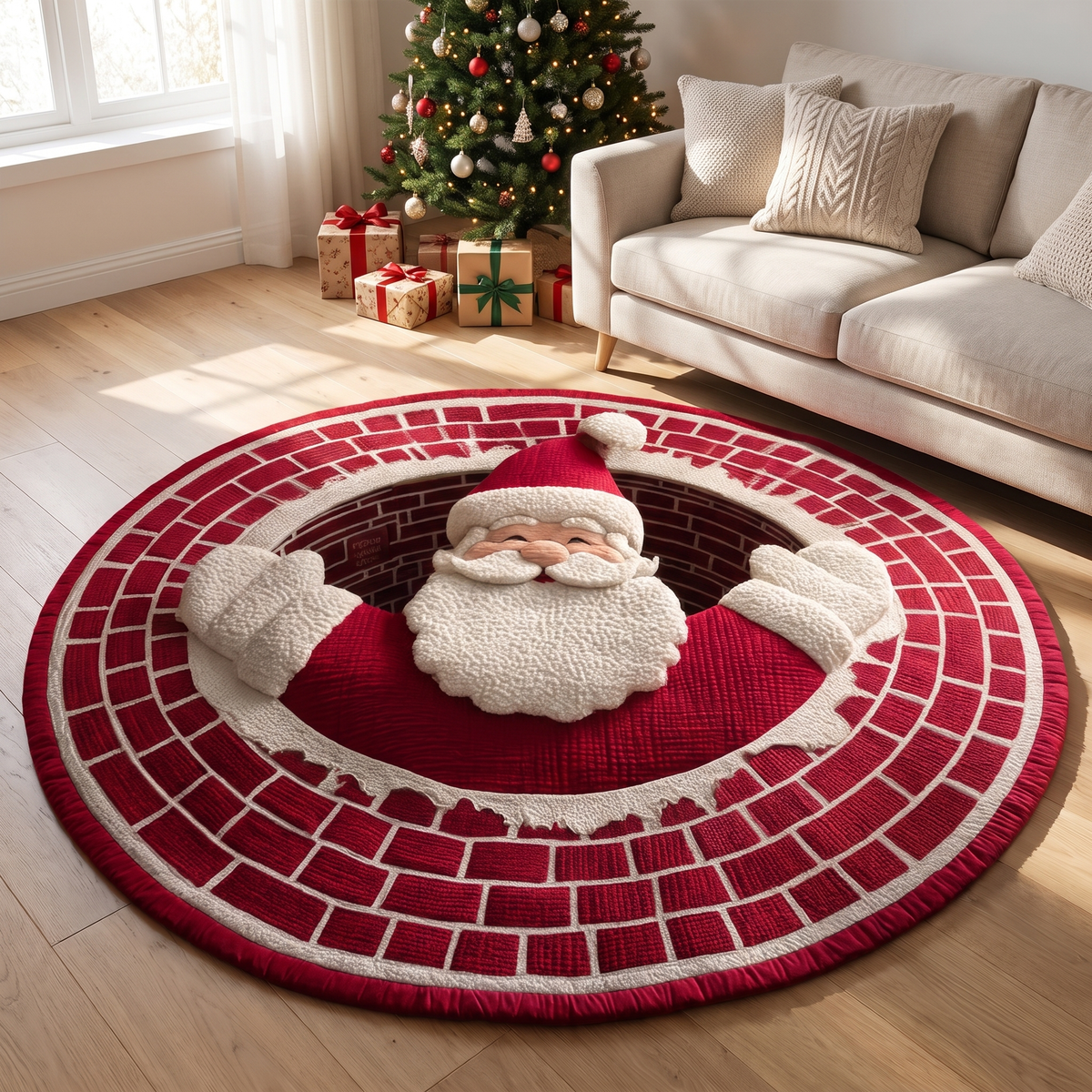 3D Weihnachtsteppich rund, Illusion Teppich mit Weihnachtsmann oder Wichtel rutschfest