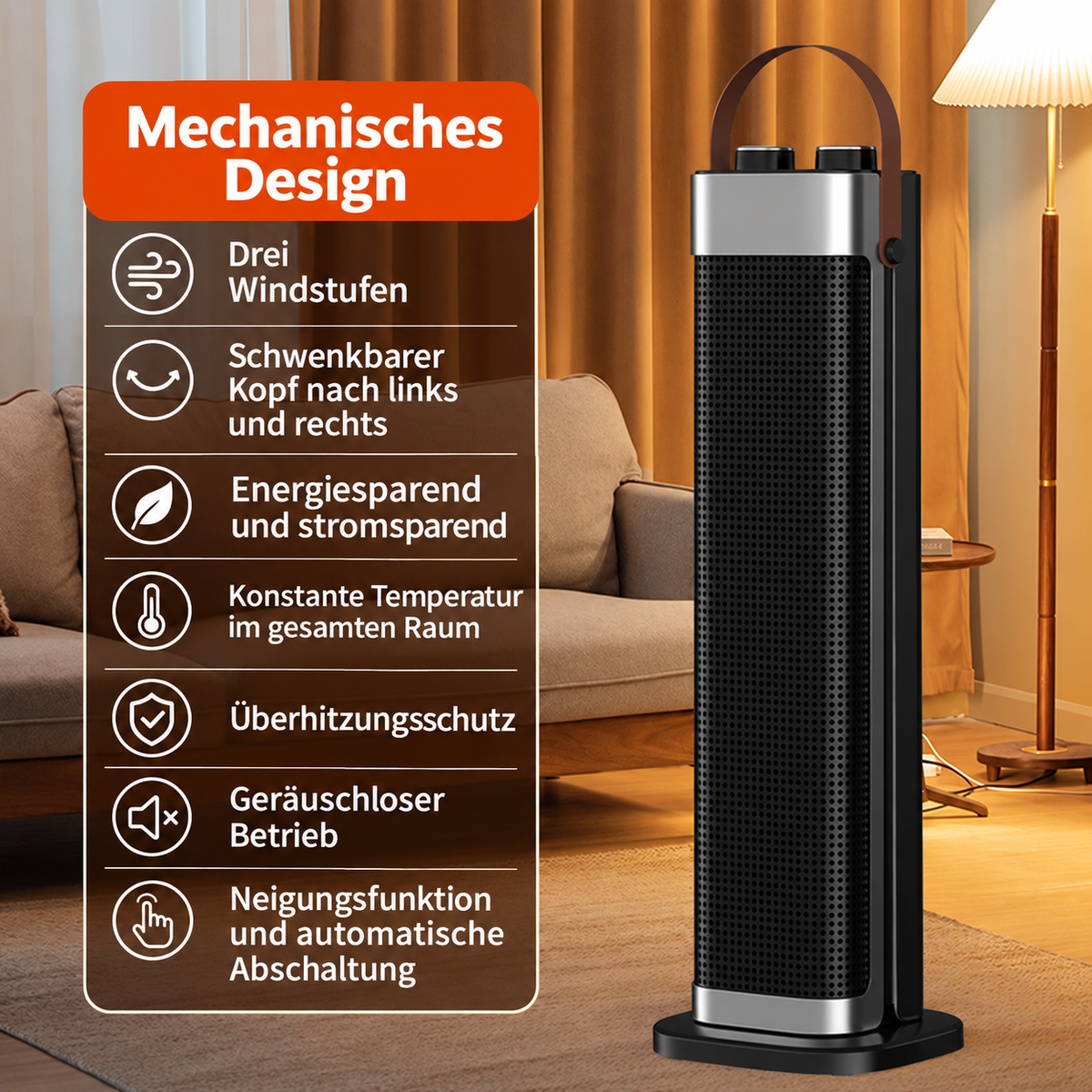 Heizlüfter Keramik 1500 W mit PTC und Schwenkfunktion, Turmdesign