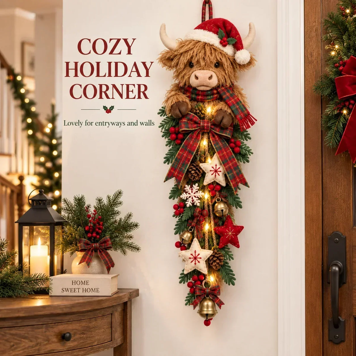 Highland Cow Türdeko mit Beleuchtung – Weihnachtliche Türgirlande mit Karomuster