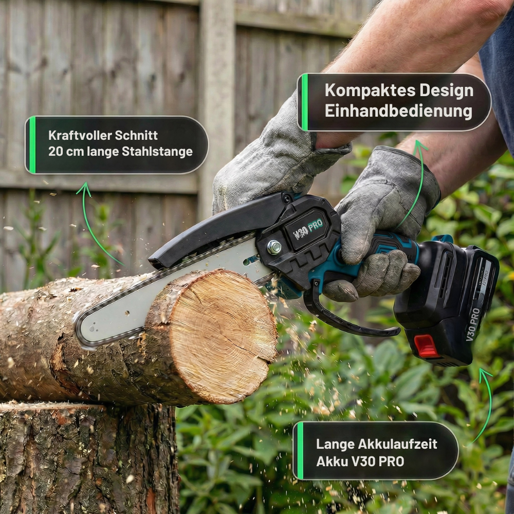 Akku Kettensäge V30 PRO 6 Zoll Brushless 18–21V 8 m/s – Holzschnitt Garten Äste – 1,3 kg leicht