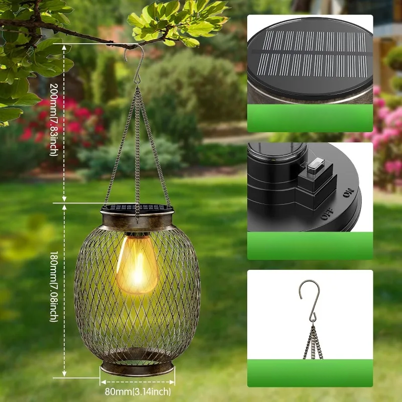 SunAura Hängelaterne Solar LED Vintage Schwarz für Garten & Terrasse