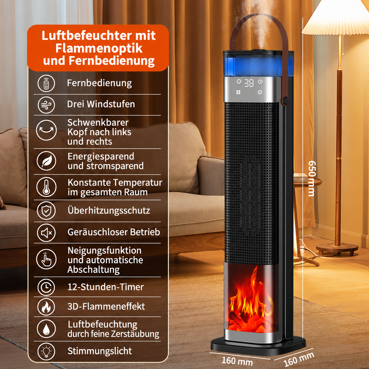 Tragbare Standheizung 2000 W mit PTC-Keramik, Luftbefeuchter, 3D-Flammeneffekt und Fernbedienung – Elektrischer Heizturm für Innenräume