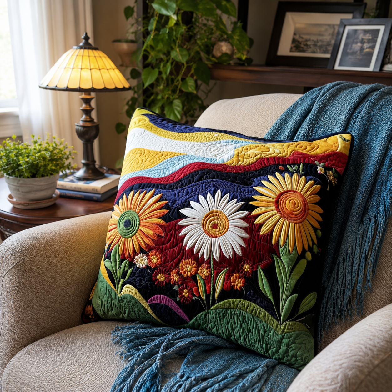 Kissenbezug Sonnenblumen Baumwoll-Polyester Weiß 40 × 40 cm – Gesteppte Optik, Hotelverschluss, Maschinenwaschbar