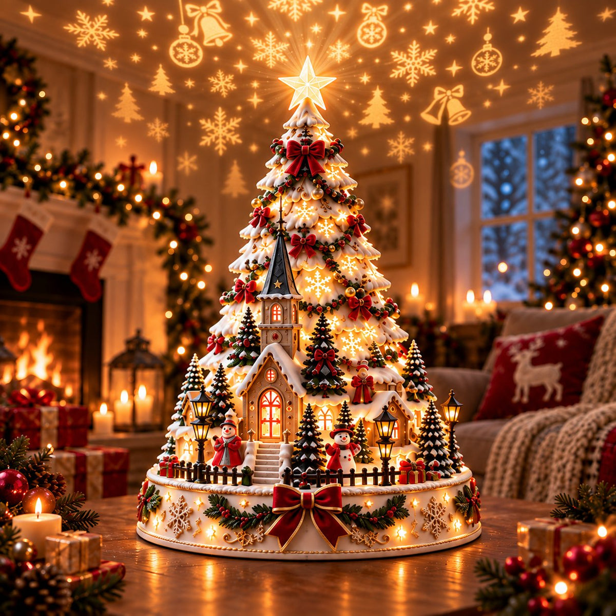 Leuchtender Weihnachtsdorf-Baum | 3D-Tischdeko mit Lichtprojektion