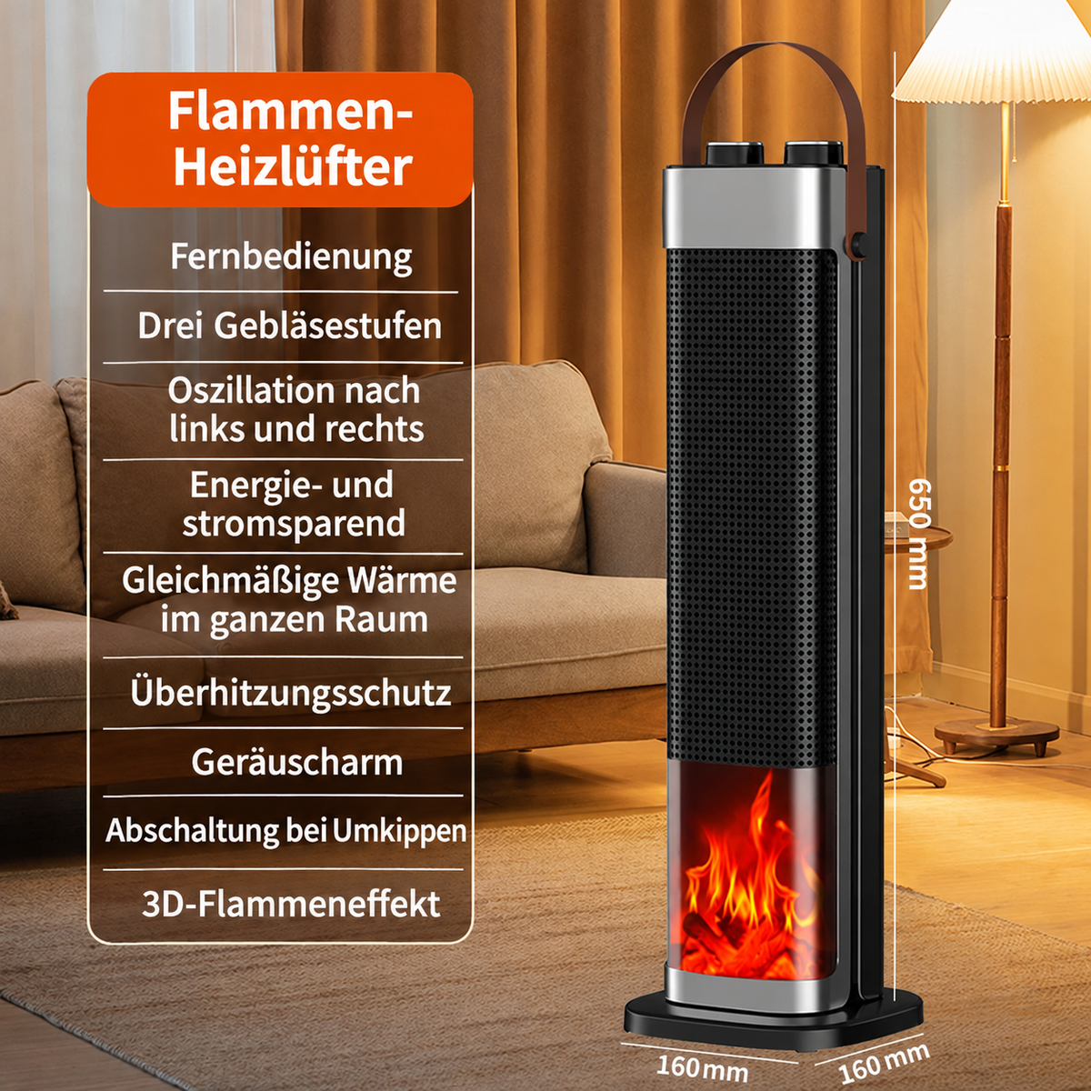 Elektrische Heizung 2000W mit Fernbedienung und PTC-Technologie für Räume bis 25m²
