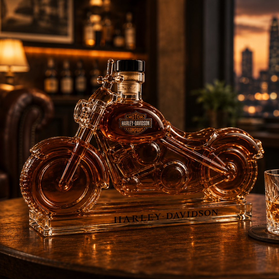 Whiskyflasche Motovra 500ml Motorrad-Design – Glas Karaffe Harley-Stil – Bar Dekoration (Leerflasche zum Selbstbefüllen)
