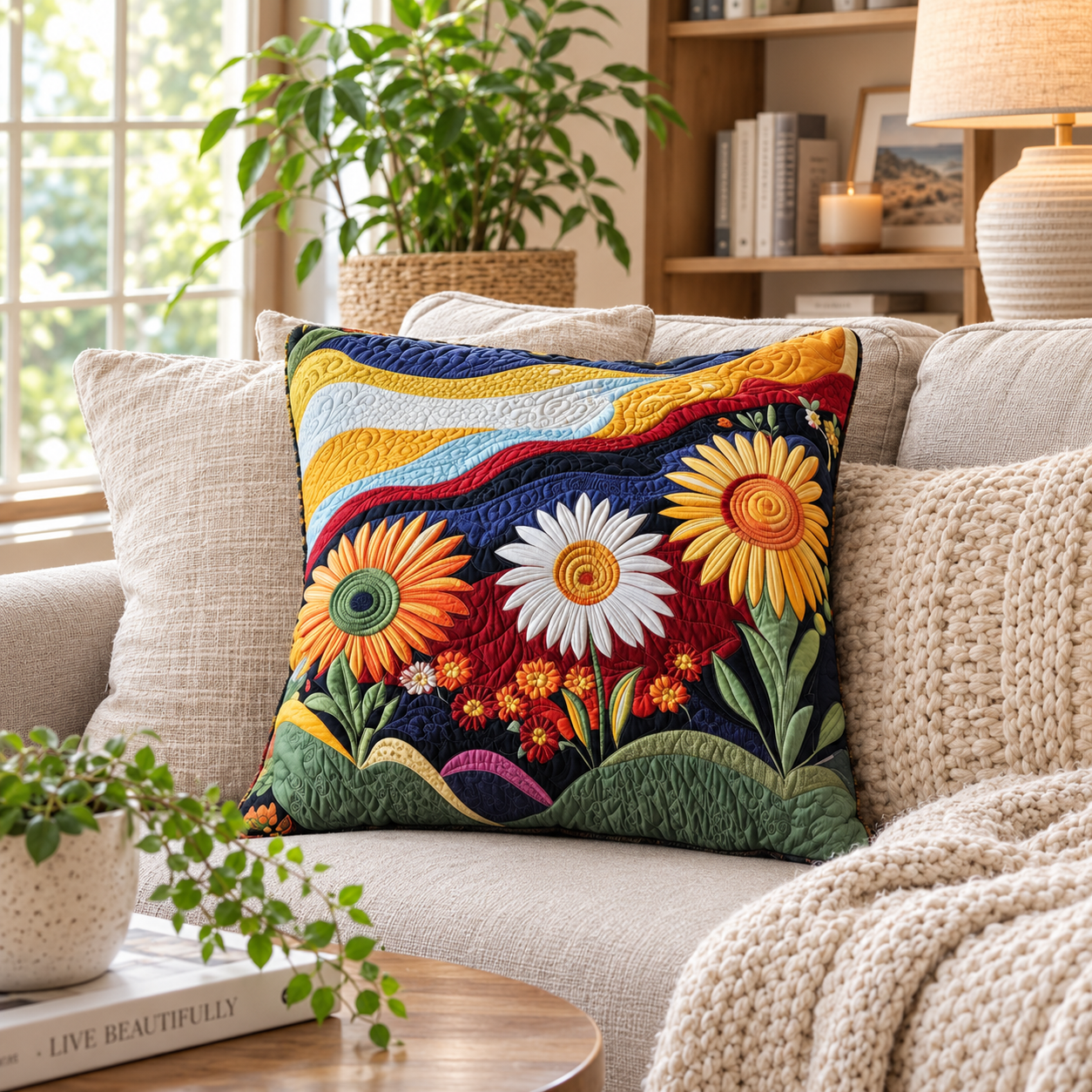 Kissenbezug Sonnenblumen Baumwoll-Polyester Weiß 40 × 40 cm – Gesteppte Optik, Hotelverschluss, Maschinenwaschbar