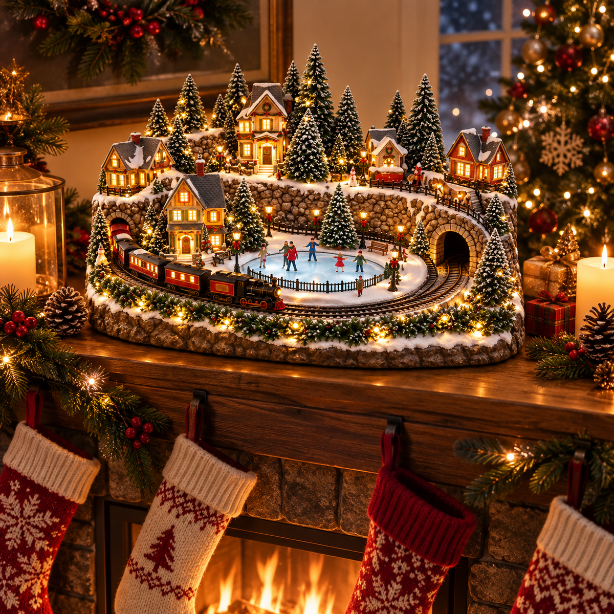 Weihnachtsdorf mit fahrendem Zug und Eisbahn – Beleuchtete LED-Winterszene mit Musik