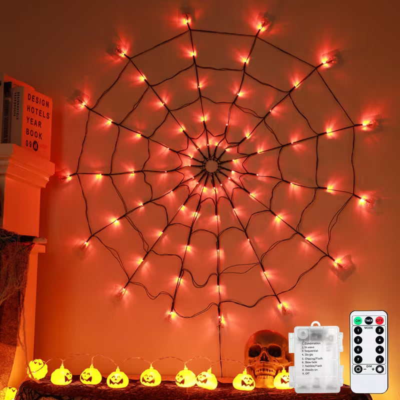 Halloween Spinnennetz-Lichterkette 70 LED Lila-Orange – 8 Lichtmodi
