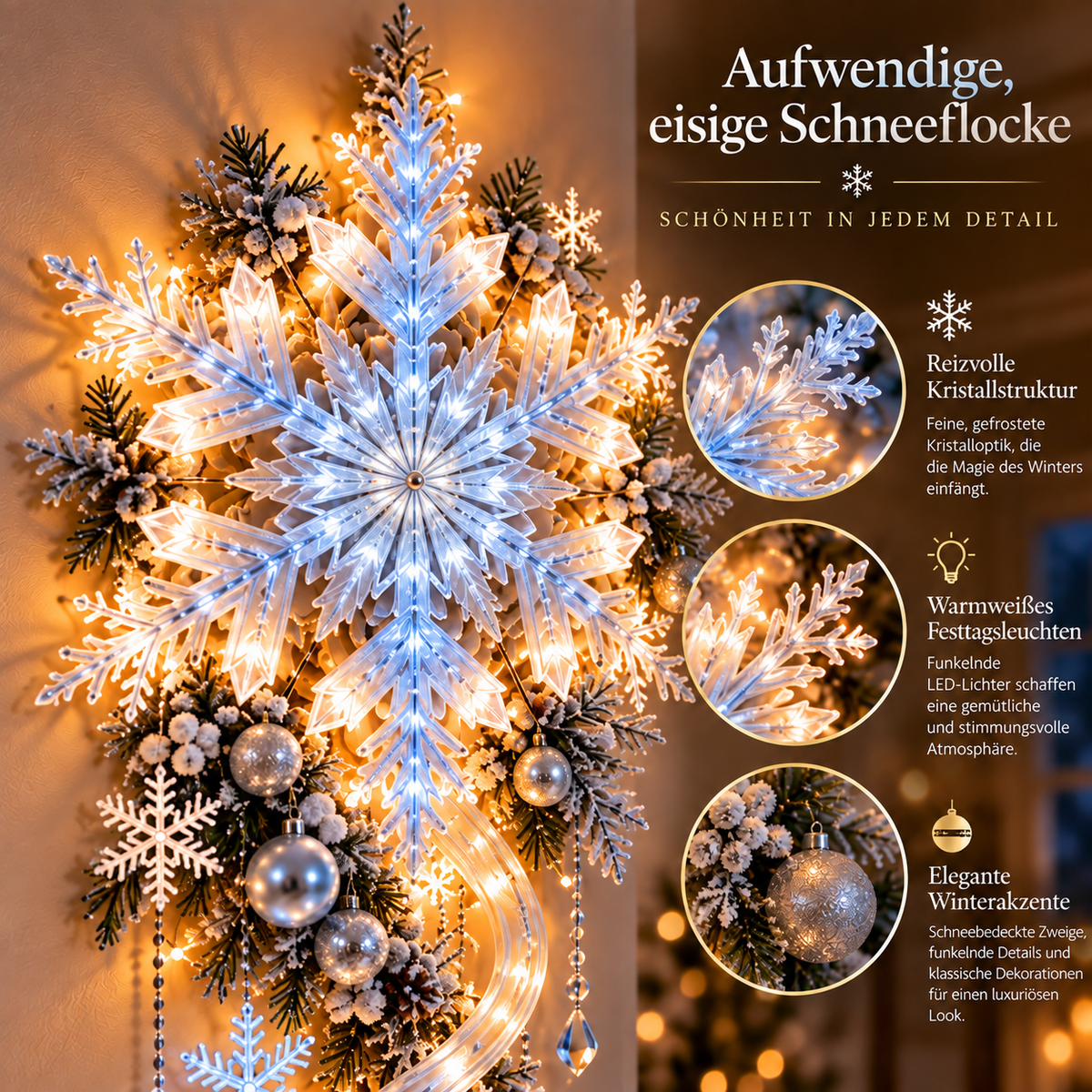 Riesige Schneeflocken-Wandbeleuchtung mit Lichtkaskade