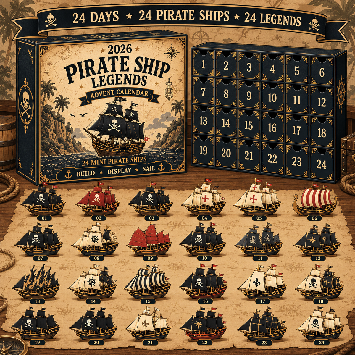 Adventskalender 2026 – 24 Miniatur-Piratenschiffe