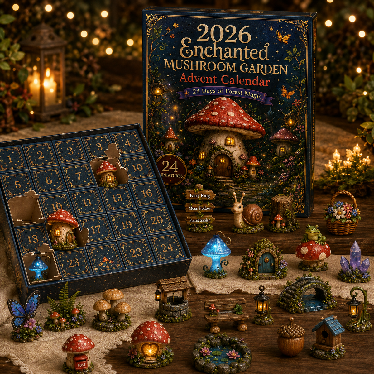 Adventskalender „Verzauberter Pilzgarten“ 2026 – Märchenhafte Miniaturüberraschungen für Kinder zum Befüllen 1