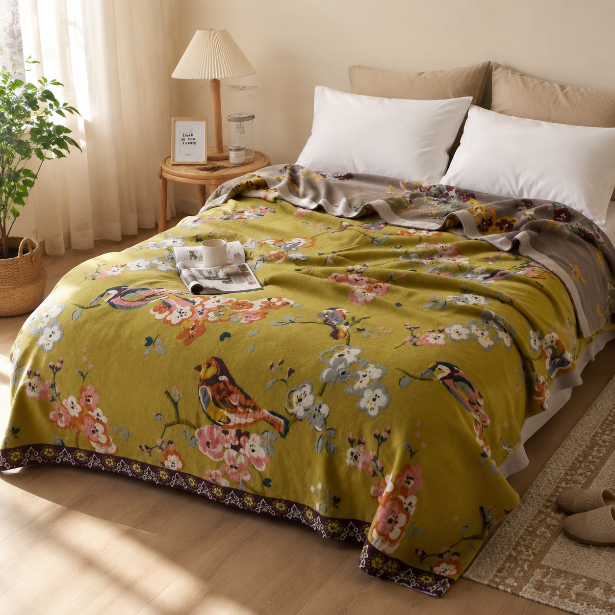 Baumwolldecke | Blumenmuster, Jacquard-Gewebe 2