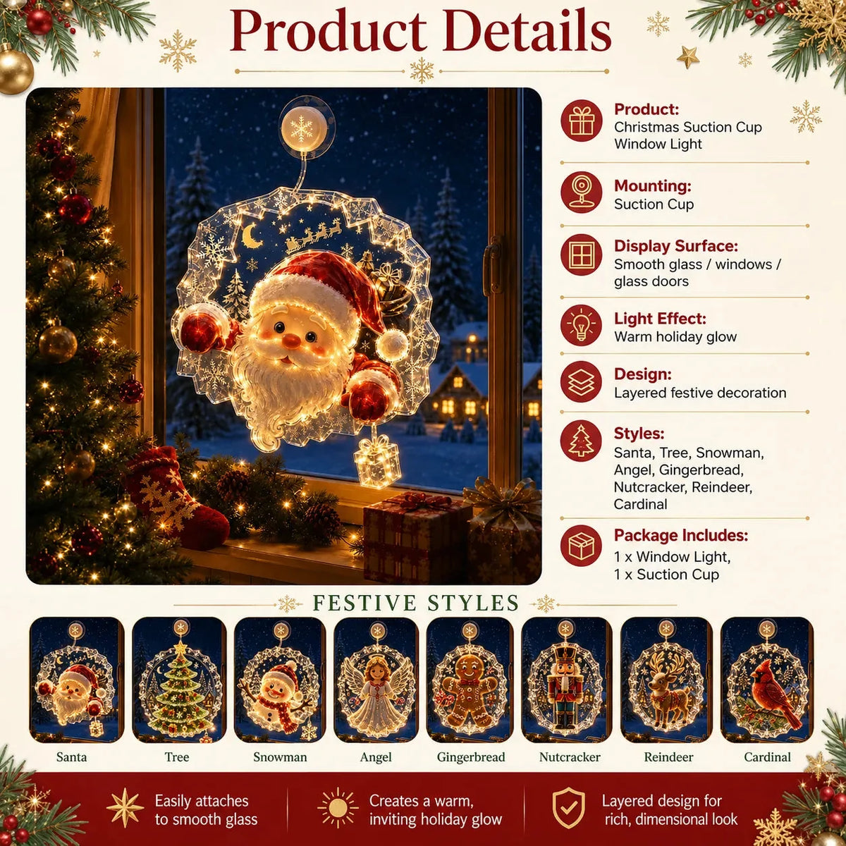 Beleuchtete Fensterdeko Weihnachten mit Saugnapf - 8 Festliche Fensterbilder für Gemütliche Atmosphäre 7