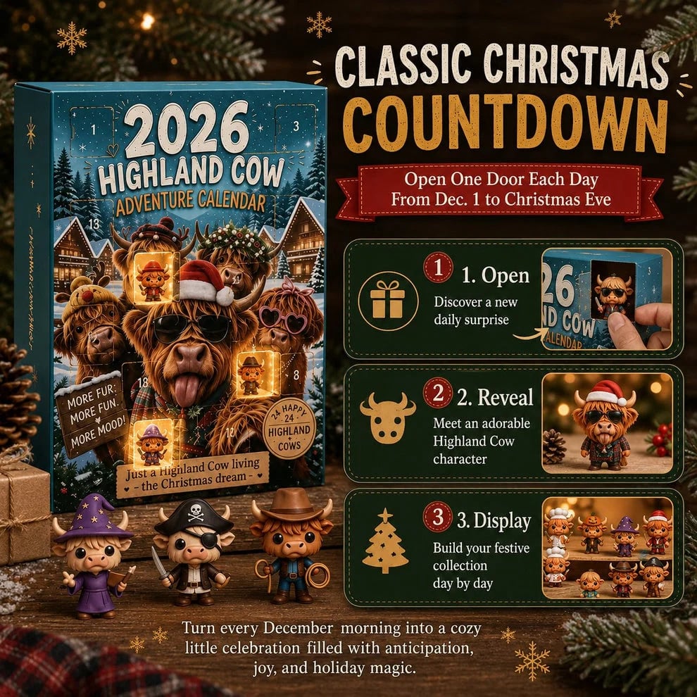 Adventskalender Highland Rind 2026 mit 24 Figuren – Weihnachts Countdown