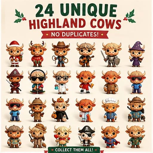 Adventskalender Highland Rind 2026 mit 24 Figuren – Weihnachts Countdown