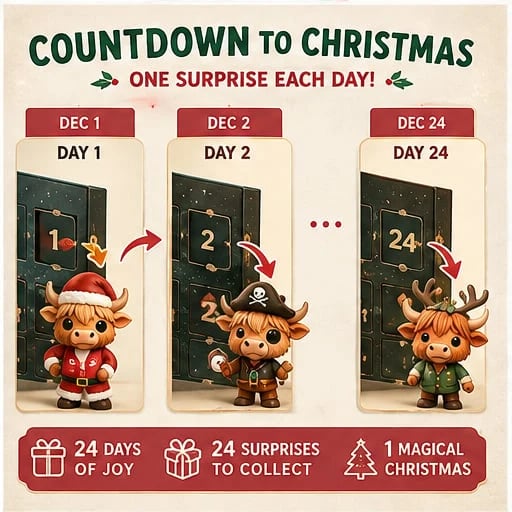 Adventskalender Highland Rind 2026 mit 24 Figuren – Weihnachts Countdown