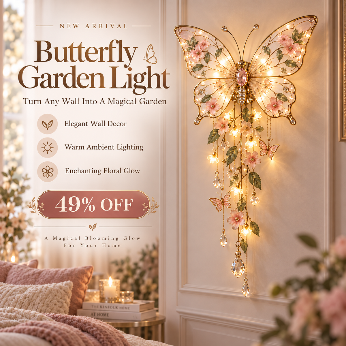 Schmetterling Wandleuchte | Blumen-Lichtdeko mit Kristallanhängern