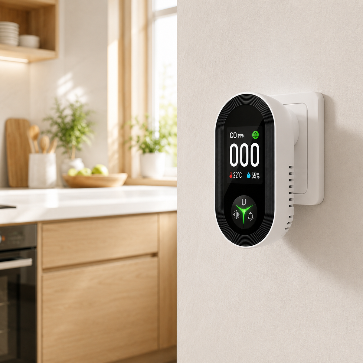 Kohlenmonoxid-Melder mit Digitalanzeige und EU-Stecker