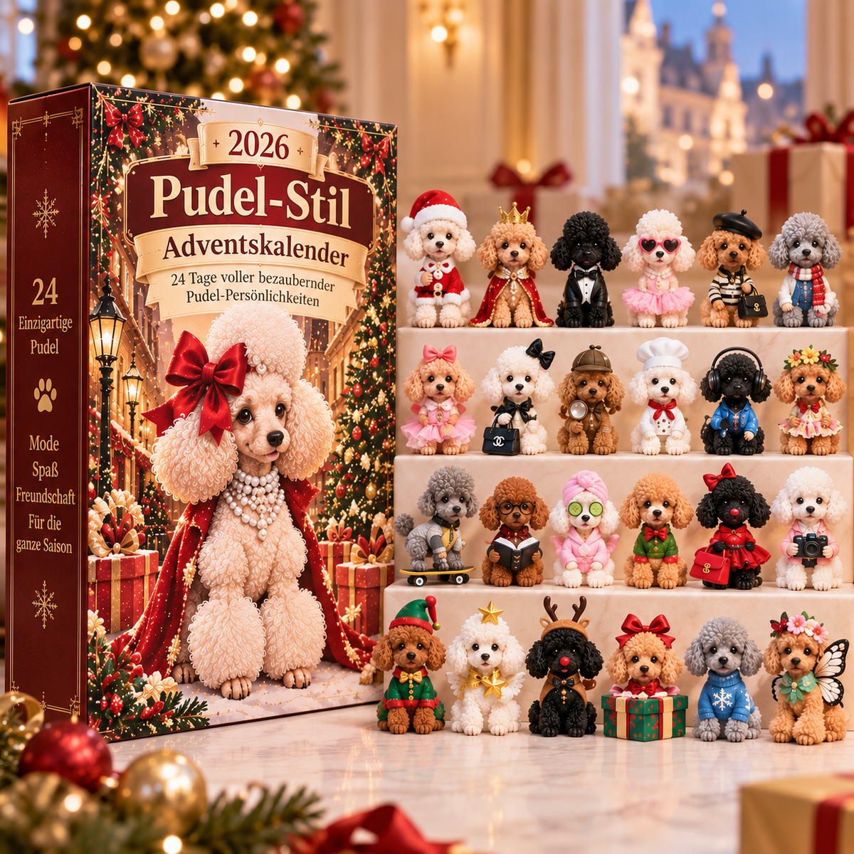 Pudel-Adventskalender 2026 – 24 Tage Weihnachtsüberraschungen in Burgunderrot & Champagnergold